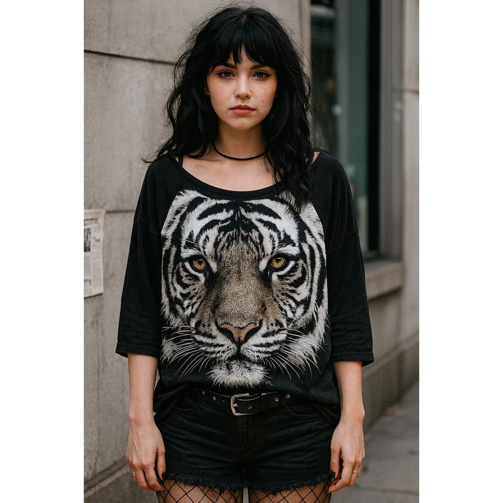 Streetwear Grunge Whimsigoth Black White Graphic Animal Tiger M 3/4 Sleeve Top